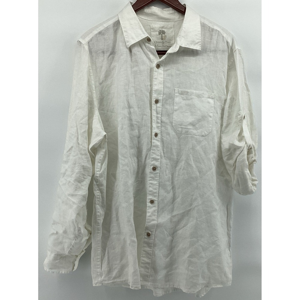 Ocean & Coast SHIRT Men LARGE 100% Linen WHITE Roll-Tab Sleeve Button Up Pocket